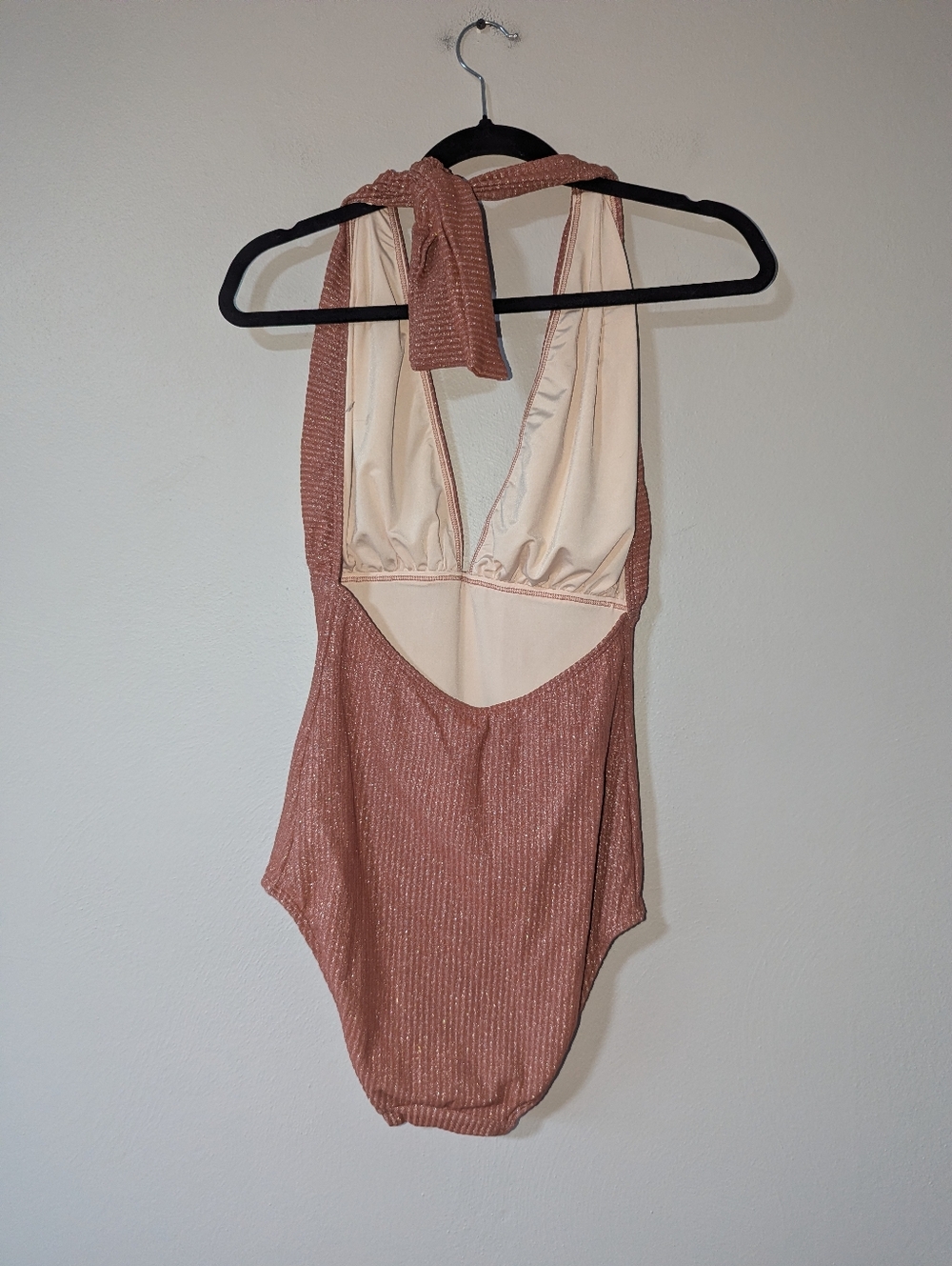 10 Shoshanna Shimmery Deep V Halter One-Piece Swimsuit in Amber - Picture 3 of 5